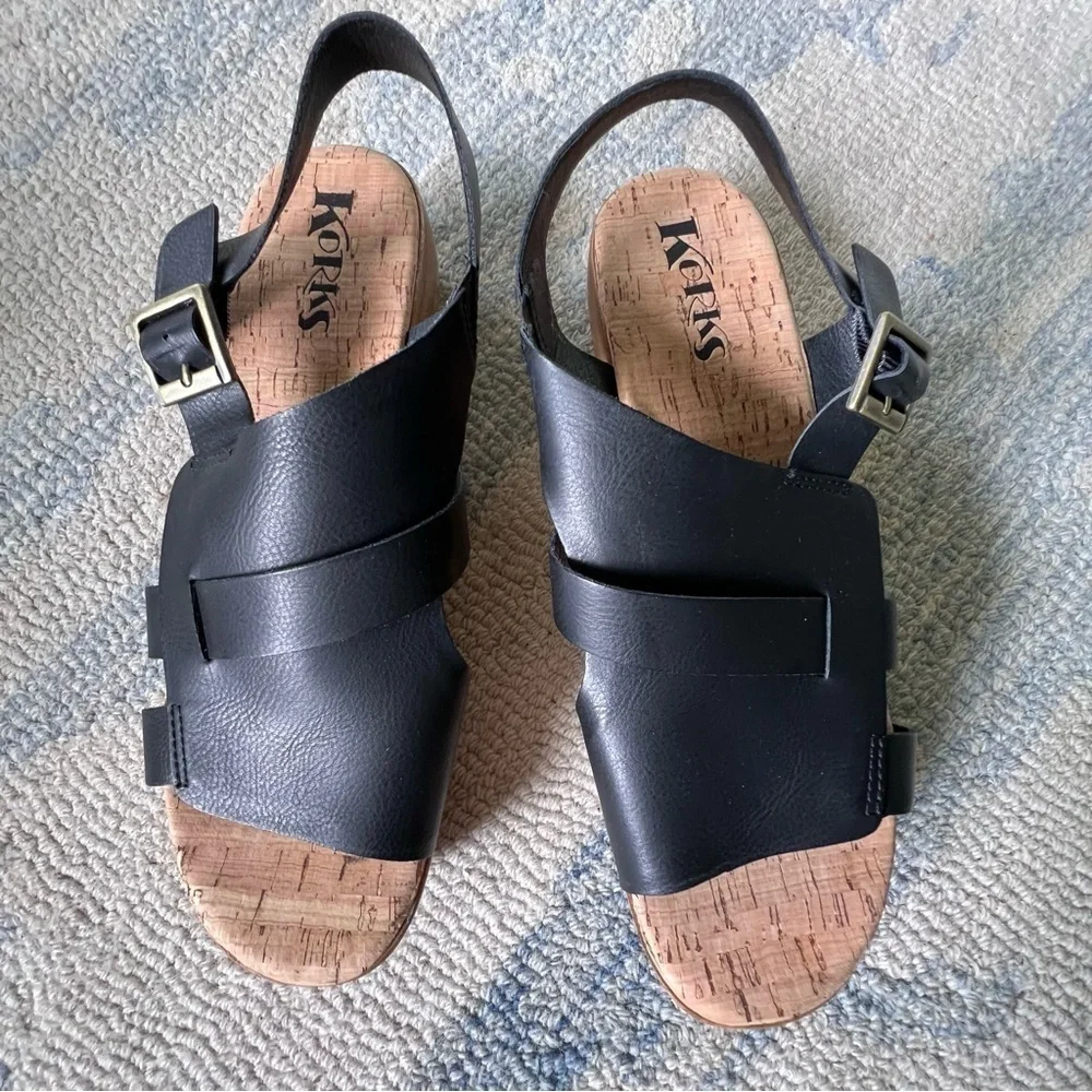 KORKS STRAPPY WOODEN PLATFORM CHUNKY SANDALS SIZE 9 BLACK - Picture 3 of 9